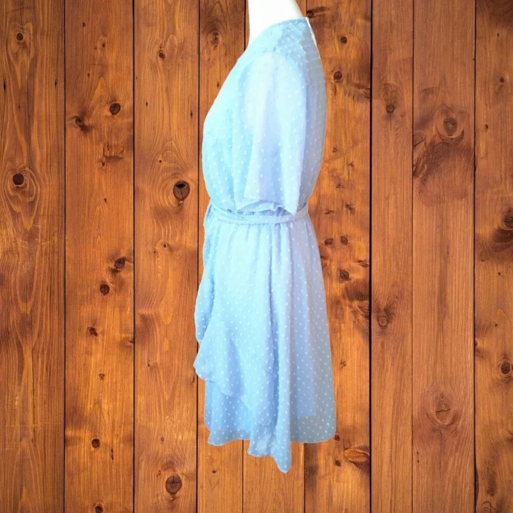 ECOWISH Faux Wrap Swiss Dot Dress With Tie Blue Size Medium Ruffle Tiered